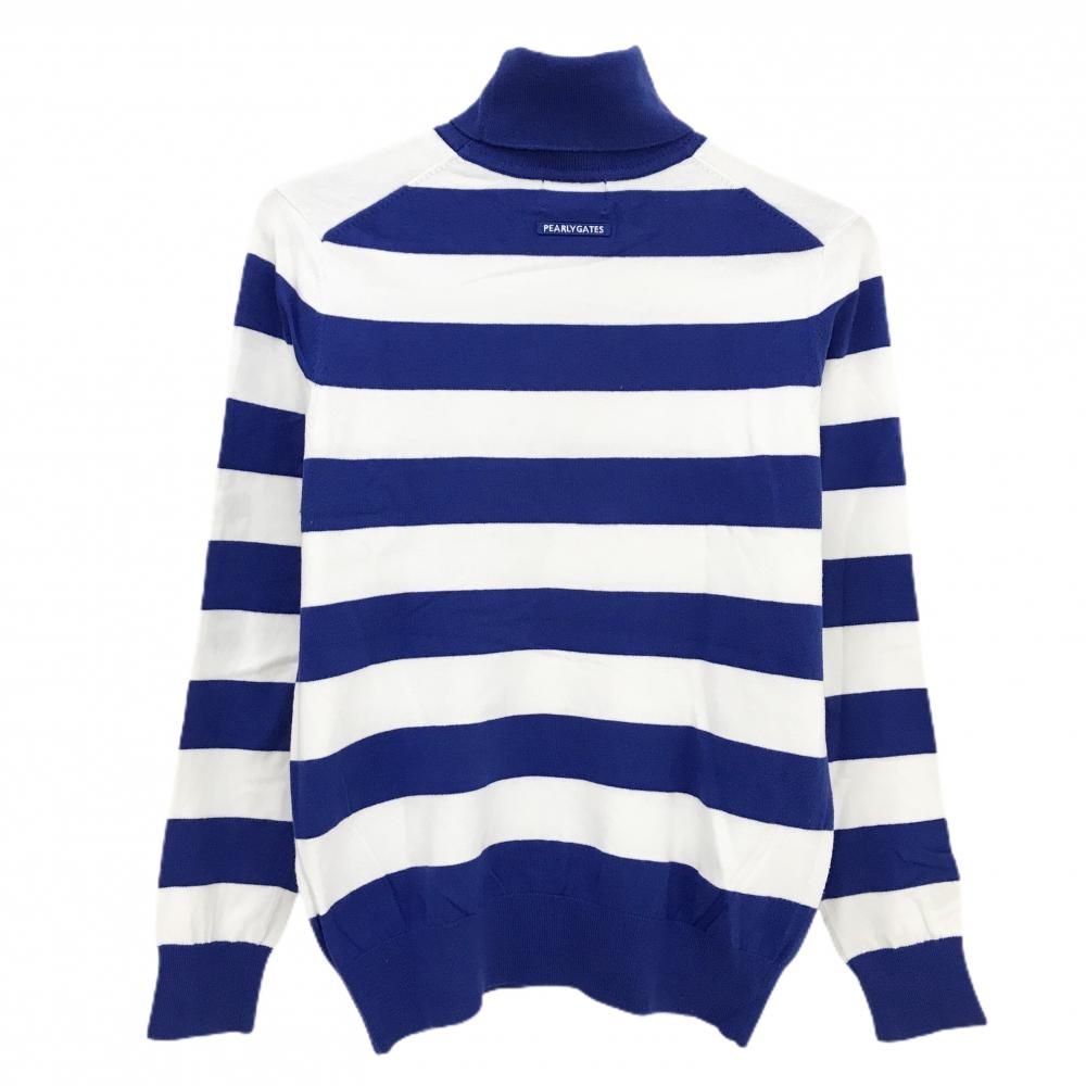 パーリーゲイツ タートルネックセーター 白×ブルー ボーダー 袖ロゴ