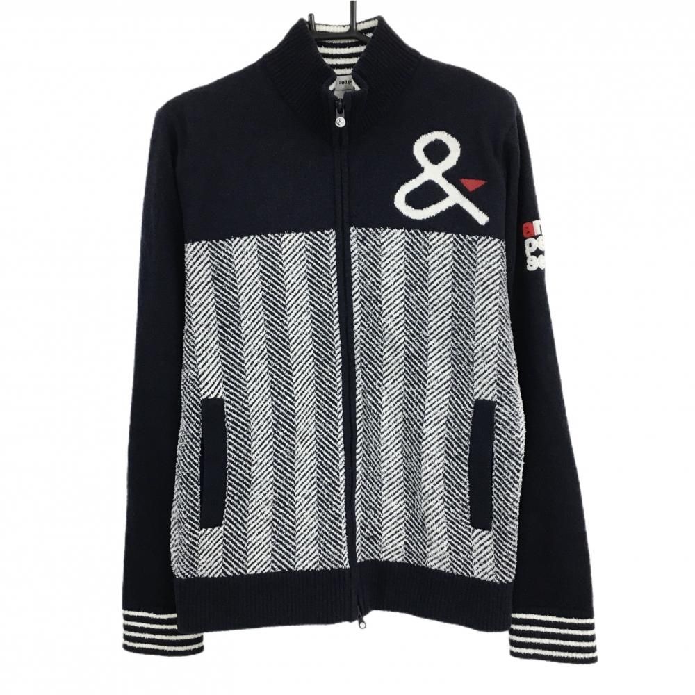 美品】アンパスィ ニットジャケット ネイビー×白 身頃ヘリンボーン