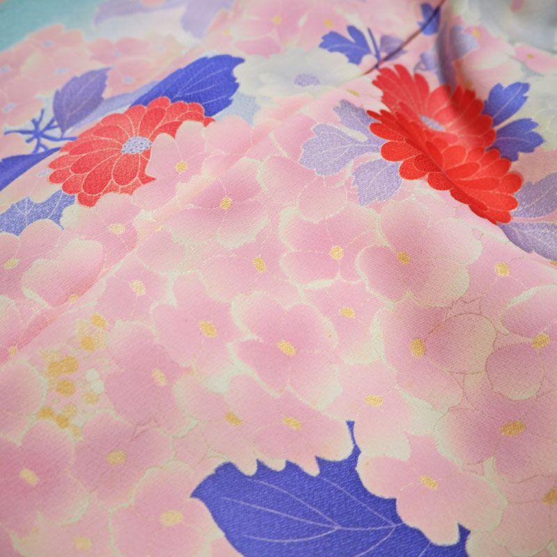着物 花柄 和装 振袖 単衣 羽織 紫陽花 アジサイ 青 鮮やか 昭和レトロ VINTAGE - 着物 花柄 和装 振袖 単衣 羽織 紫陽花 アジサイ 青 鮮やか