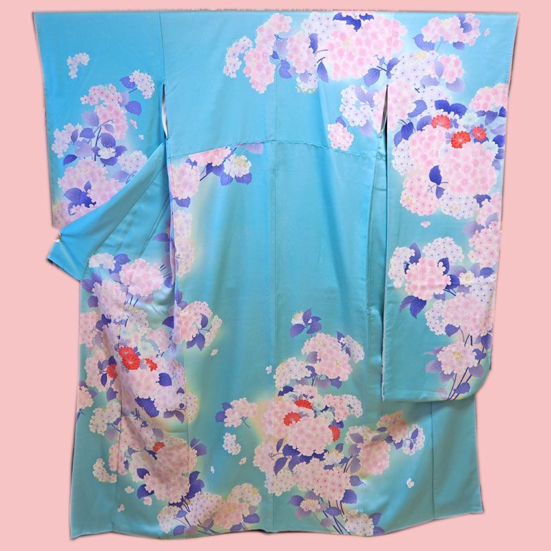 着物 花柄 和装 振袖 単衣 羽織 紫陽花 アジサイ 青 鮮やか 昭和レトロ VINTAGE - 着物 花柄 和装 振袖 単衣 羽織 紫陽花 アジサイ 青 鮮やか