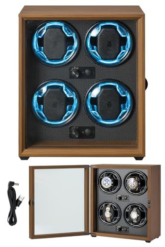 ワインディングマシーン 4本巻き 木製仕上げ LED搭載 静音設計 男女ベルト対応可 ウォッチワインダー 腕時計自動巻き上げ機 時計ケース e 17 cdfa 6