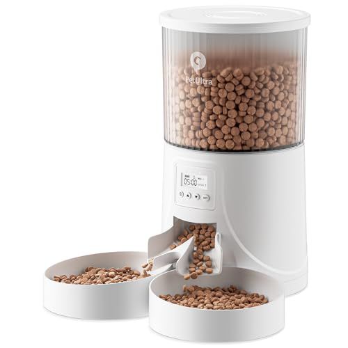 自動給餌器 猫用 タイマー式 二皿 4 L容量 2 WAY給電 定時定量 盗食防止 半透明タンク お手入れ簡単 PSE認証アダプター e 54808 f