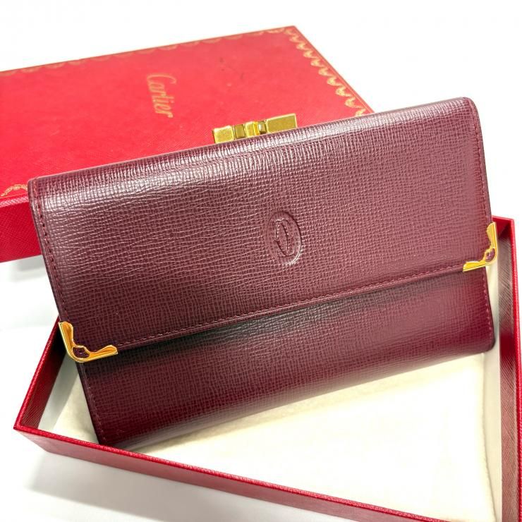 CARTIER マストドゥカルティエ 三つ折り財布 がま口 ボルドー ゴールド