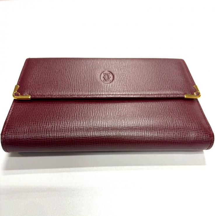CARTIER マストドゥカルティエ 三つ折り財布 がま口 ボルドー ゴールド