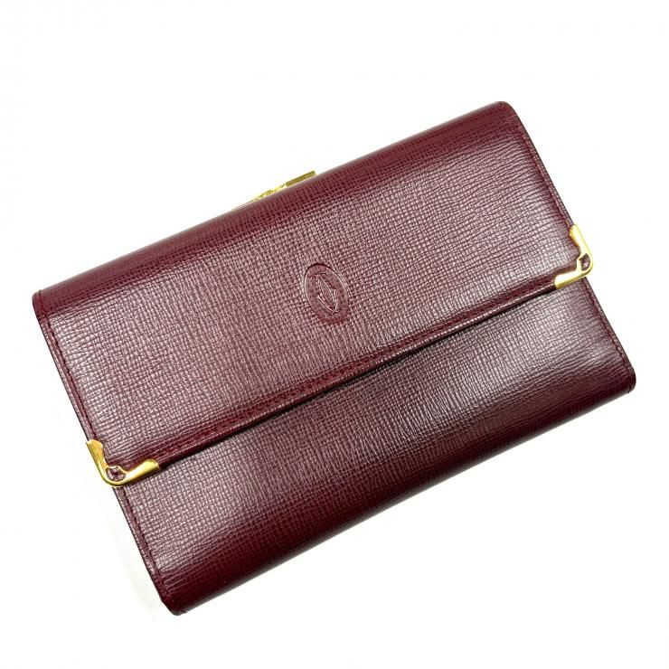 CARTIER マストドゥカルティエ 三つ折り財布 がま口 ボルドー ゴールド