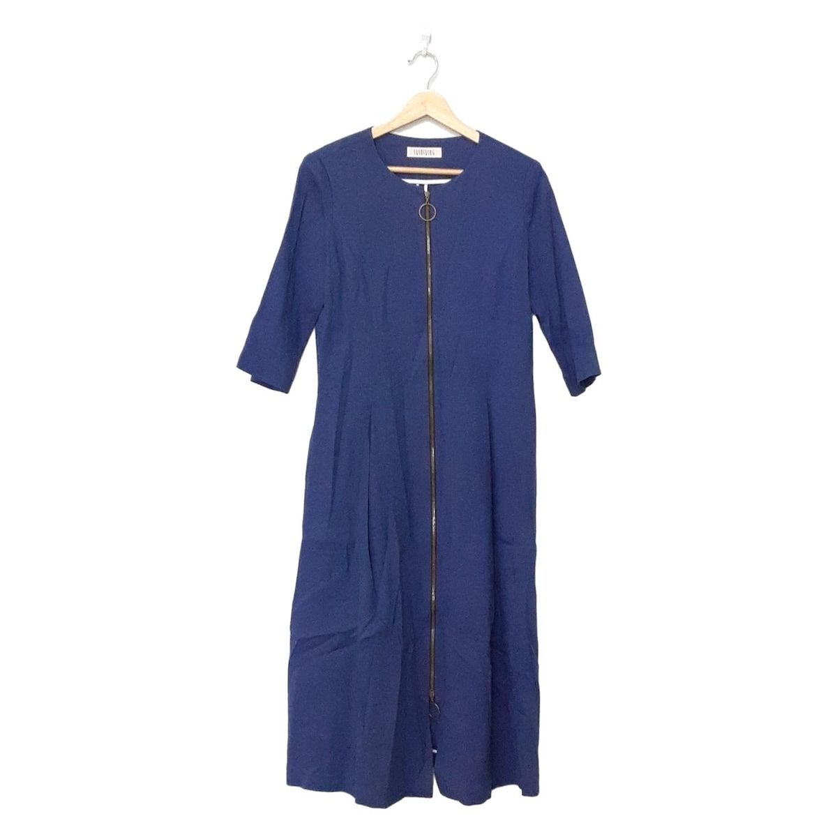 スウィンスウィング ワンピース サイズ42 L レディース ネイビー クルーネック 半袖 ロング ジップアップ