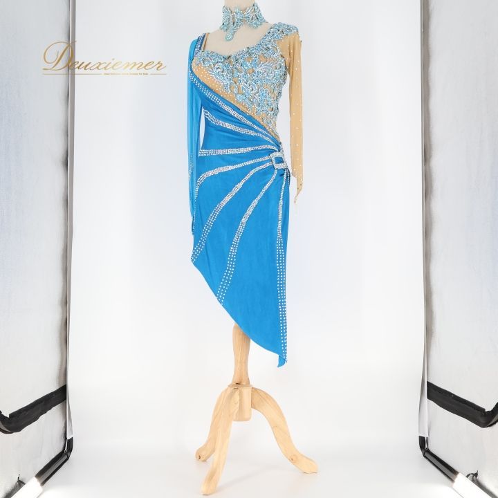 社交ダンス 衣装 ラテン ドレス ワンピース ラテンドレス 青 デモ 競技