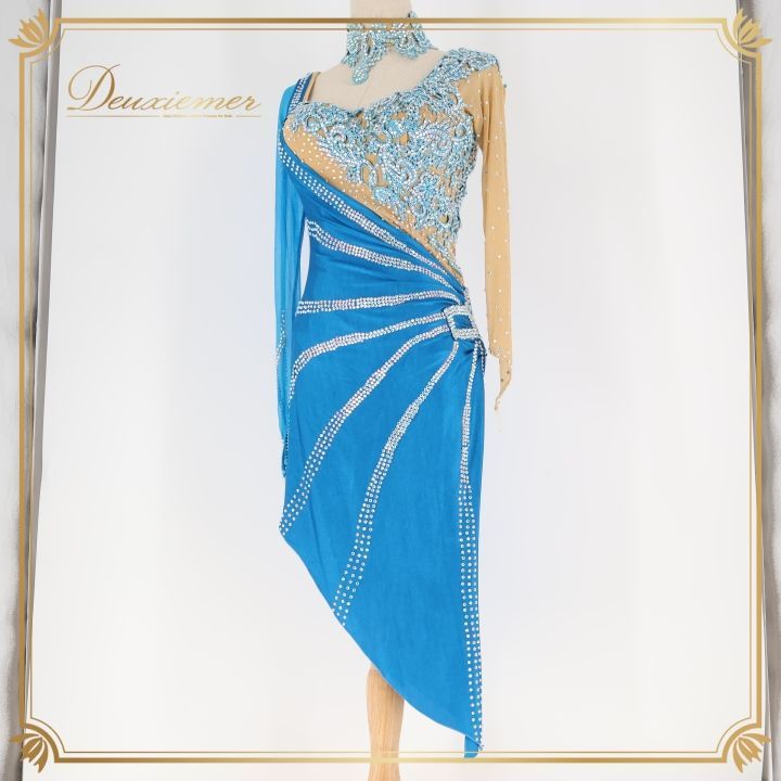 社交ダンス 衣装 ラテン ドレス ワンピース ラテンドレス 青 デモ 競技 パーティ 発表会 クロッチ ブルー系 鮮やか色 おしゃれ フォーマル ダンス衣装 レディース 競技用 ステージ用 コスチューム