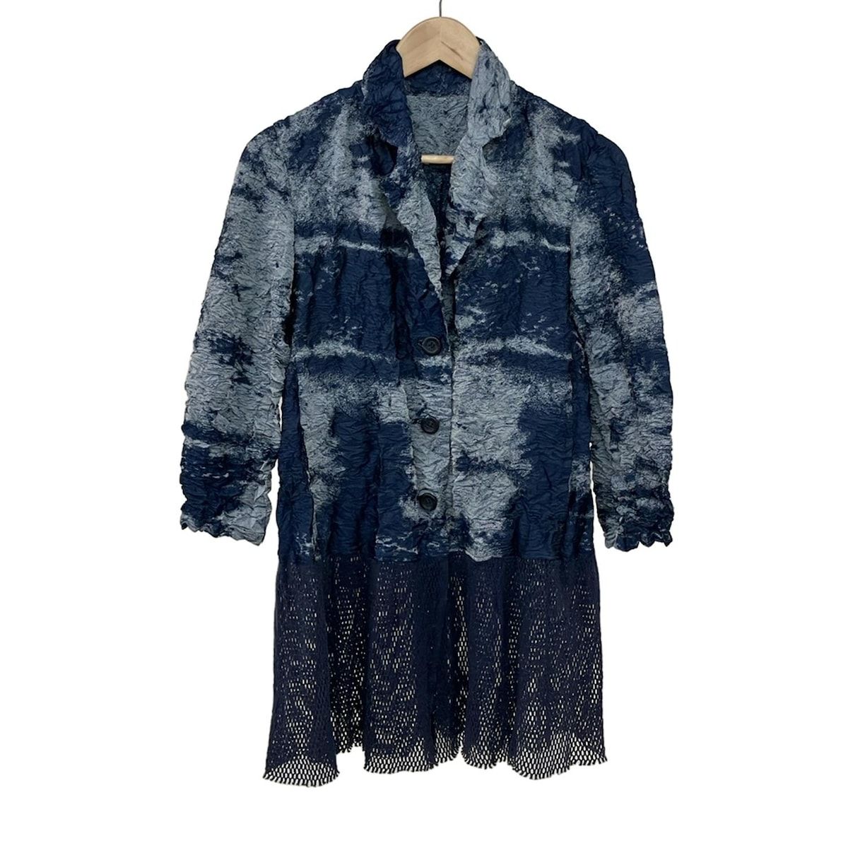 イッセイミヤケ ジャケット サイズ2 M レディース ネイビー ライトブルー 長袖 メッシュ ロング丈 プリーツ 春 秋