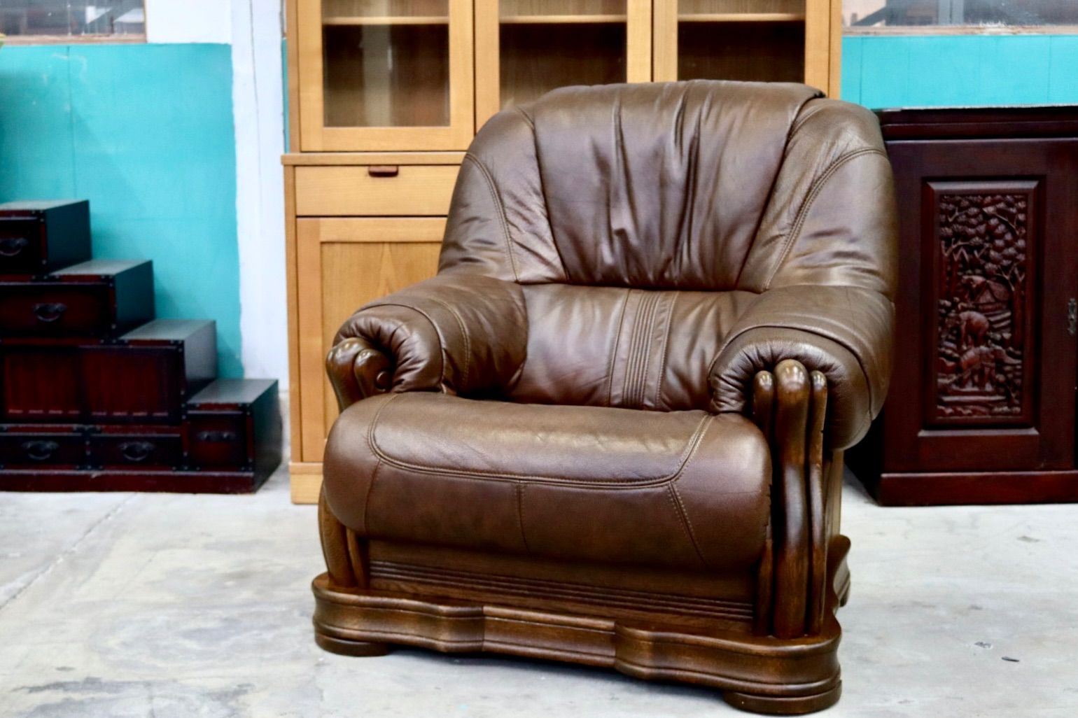 GMIK 647 オランダ製 ダッチカントリー 1人掛けソファ シングルソファ オーク材 本革 応接 リビング ブラウン ヴィンテージ 約35万