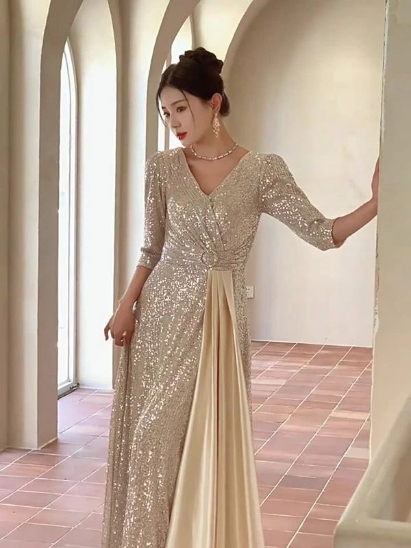 イブニングドレス ロングドレス 切り替えスパンコールギャザーAライン