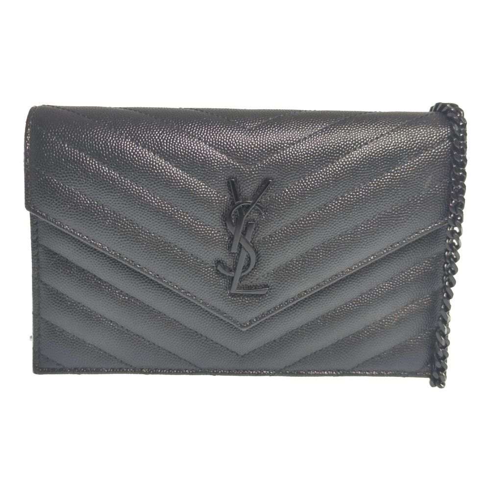 Yves Saint Laurent イヴサンローラン YSLロゴプレート レザー チェーン ショルダーウォレット 財布 742920 ブラック ♀ A レディース 598794