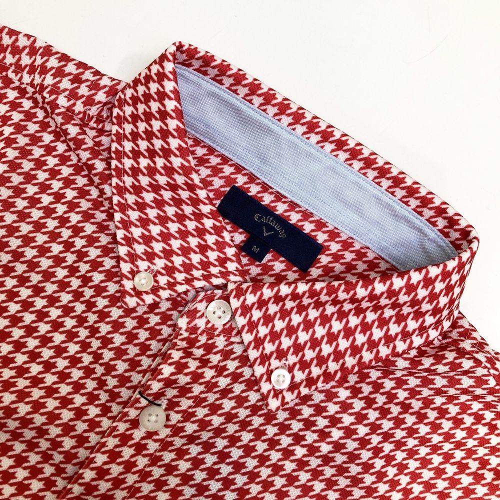サイズ M キャロウェイ 半袖ポロシャツ ボタンダウン 千鳥 総柄 レッド系 ゴルフウェア メンズ ストスト 子供用ゴルフ用品 シャツ 