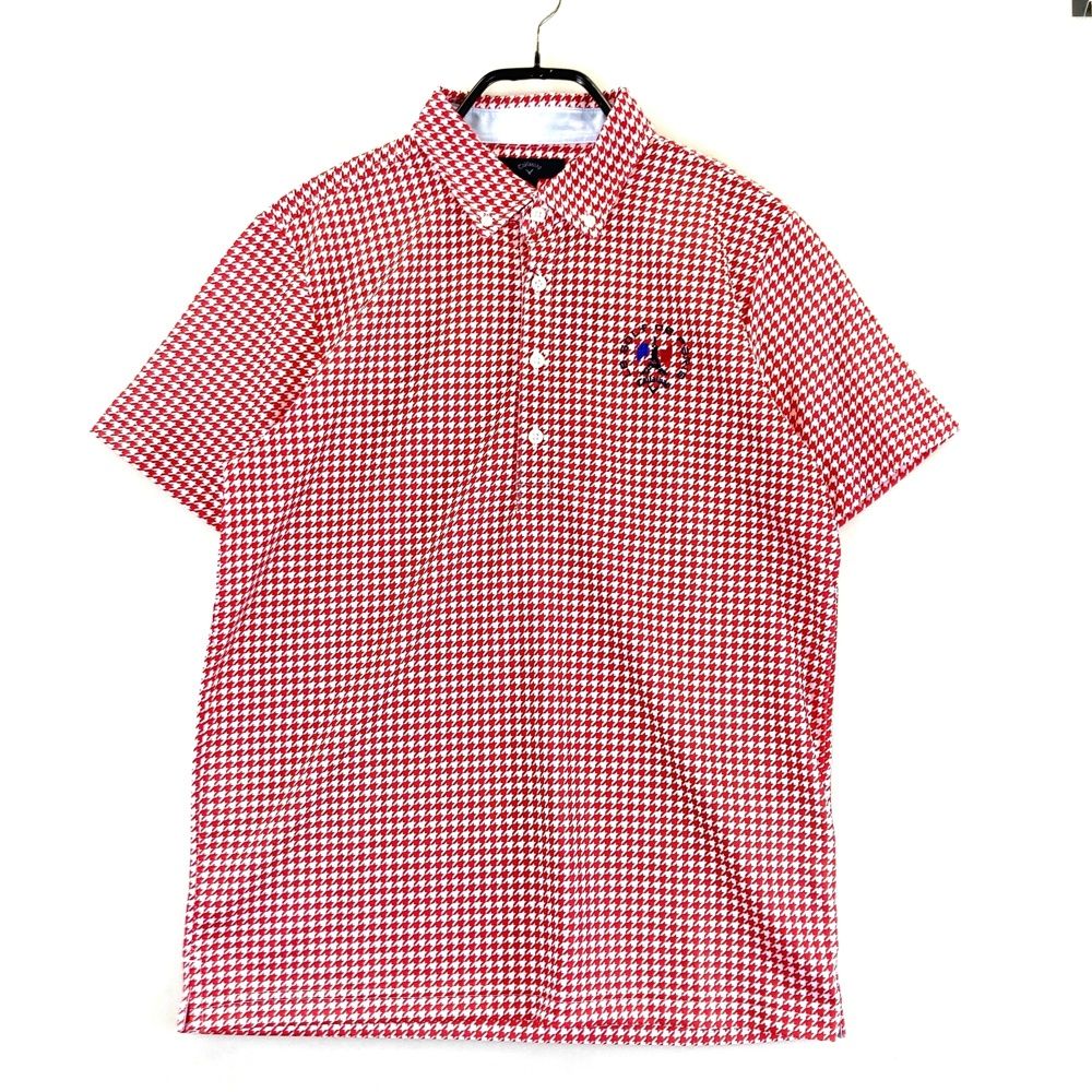 サイズ M キャロウェイ 半袖ポロシャツ ボタンダウン 千鳥 総柄 レッド系 ゴルフウェア メンズ ストスト
