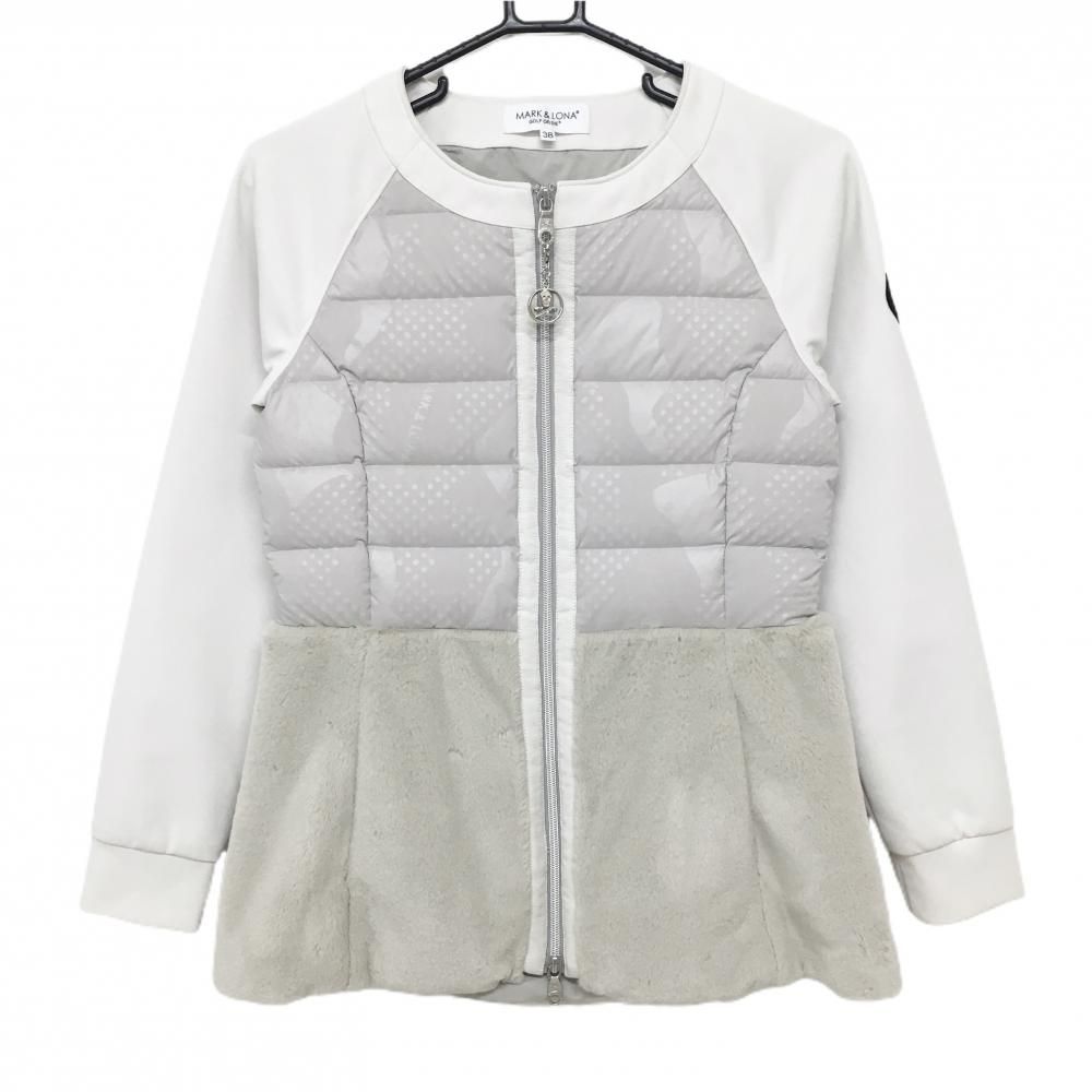 マークアンドロナ 中綿切替ジャケット 白 グレー 身頃中綿 裾ファー レディース 38 M ゴルフウェア 品 MARK＆LONA