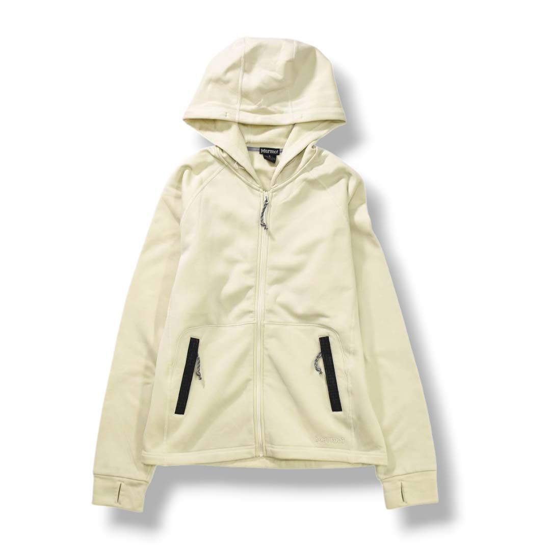 デサント製 マーモット Marmot ウィメンズ パワー ストレッチ パーカー ジップアップ ラグランスリーブ 裏地 フリース ポーラテック POLARTEC L オフホワイト アウトドア カジュアル ウェア レディース