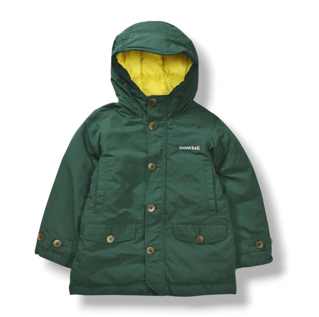 暖 モンベル montbell ダウン ハスキーコート 裏地 キルティング ウィンドブレーカー ジャンパー 120 グリーン x イエロー アウトドア カジュアル ウェア タウンユース レジャー キッズ 子供服
