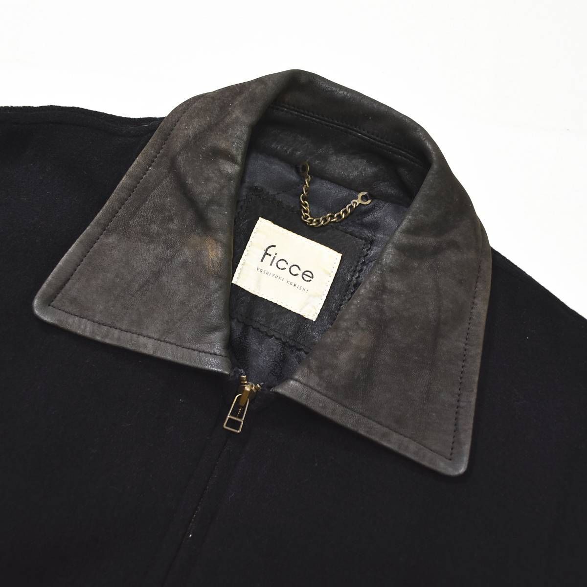 90 s archive フィッチェ FICCE 鳳凰 刺繍 ウール スタジアム ジャケット スタジャン ジップアップ 羊革 ラム レザー 切替 裏地 キルティング M ブラック デザイナーズ DCブランド メンズ フーディー スタジャン 