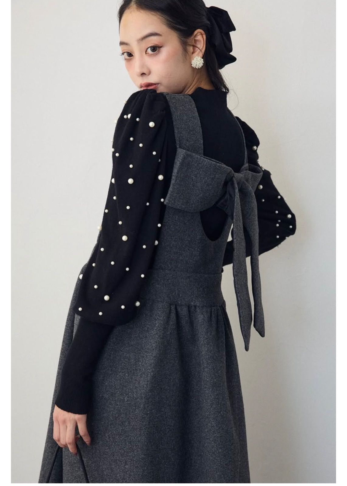 SET】パフスリーブランダムパールニット 黒+バックリボンボックス