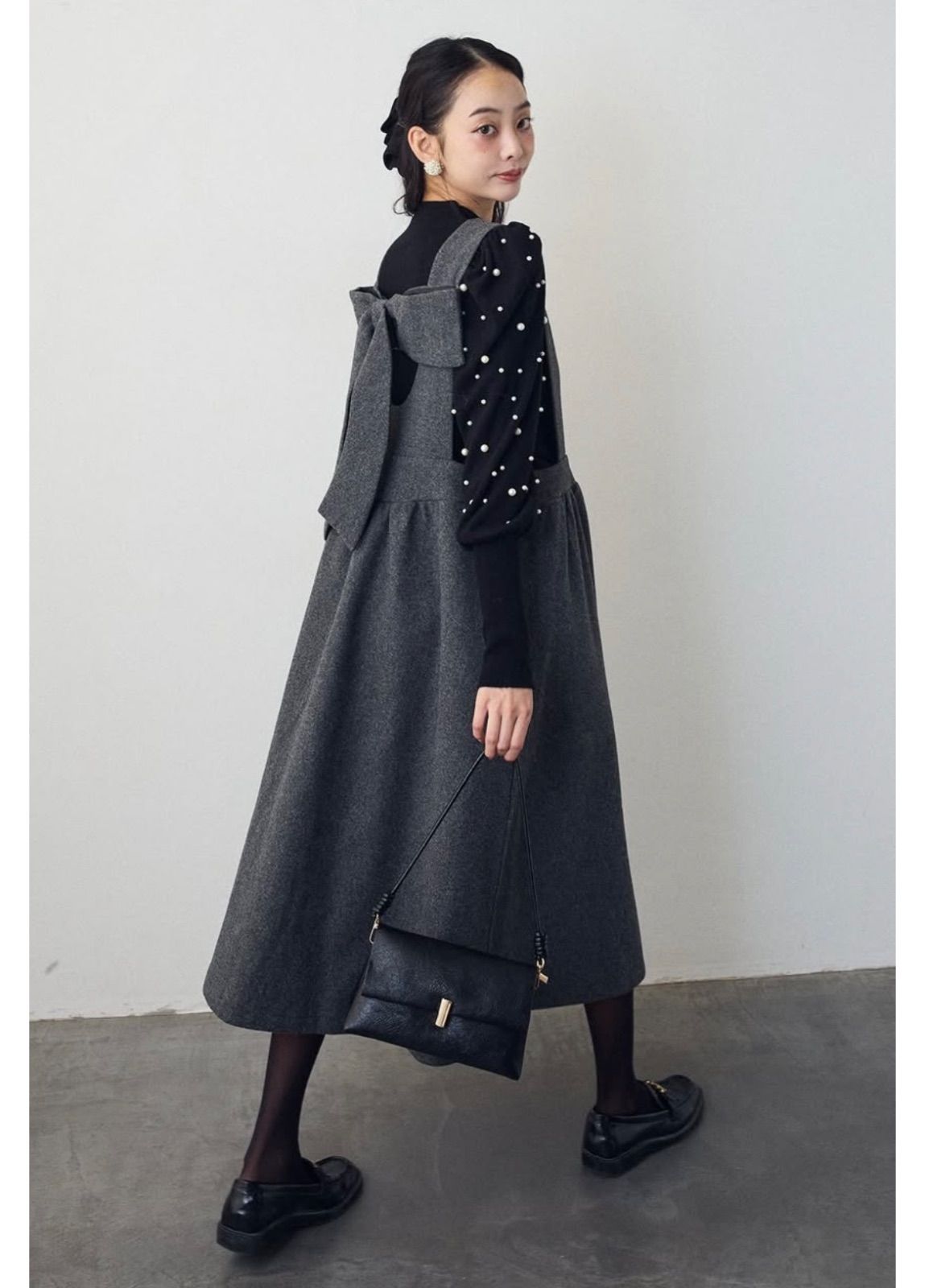 SET】パフスリーブランダムパールニット 黒+バックリボンボックス