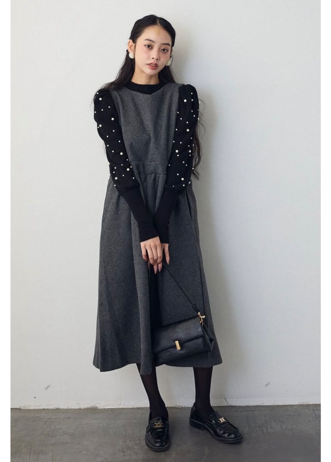 SET】パフスリーブランダムパールニット 黒+バックリボンボックス