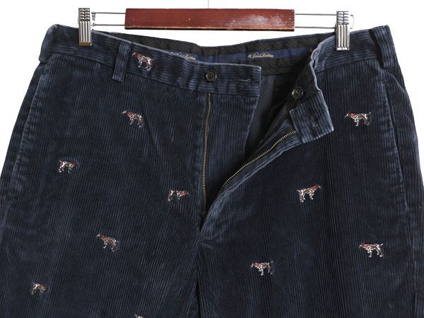 ブルックスブラザーズ 総柄 太畝 コーデュロイ パンツ メンズ 36 32 ノータック スラックス ストレート イヌ 刺繍 コーズ モノグラム 紺