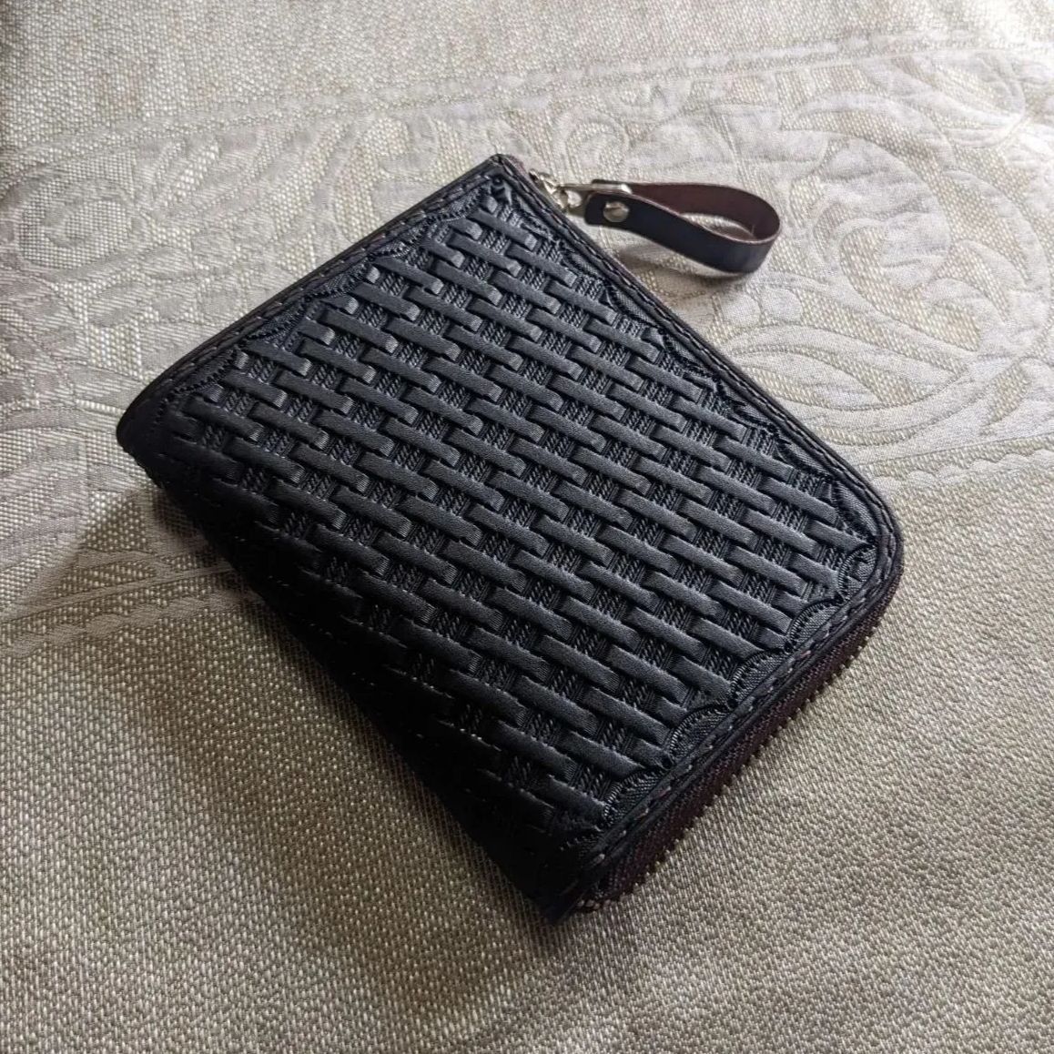 L字財布 バスケット刻印 黒 本革 ハンドメイド