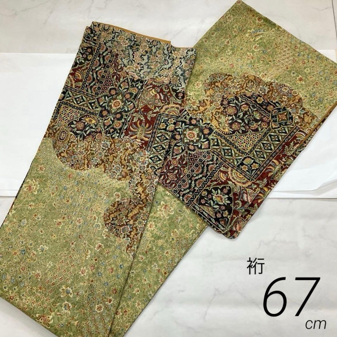 kimono one kimonoarisa 同然 お洒落な附下訪問着 更紗 袷 広衿 はれやかサンライト加工 作家物 裄長 裄67肩丈155 5