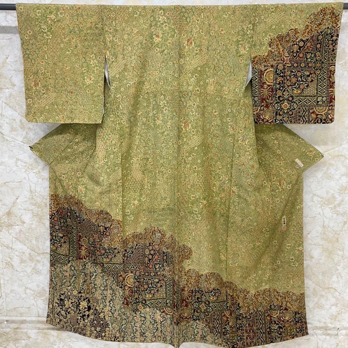 kimono one kimonoarisa 同然 お洒落な附下訪問着 更紗 袷 広衿 はれやかサンライト加工 作家物 裄長 裄67肩丈155.5