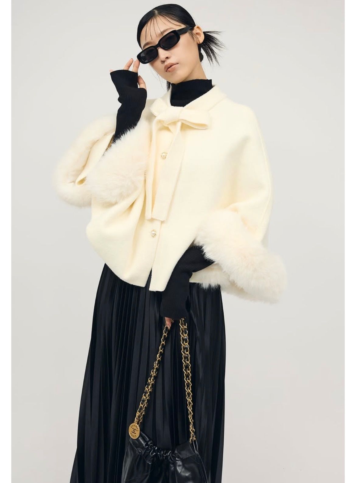 ファーカフスリボンポンチョコート ホワイト◾️Frene フラーネ