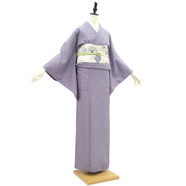 新古品】 色無地 御召 着物 未使用 正絹 お召 袷 先染め 紫 菊 桜 雪輪