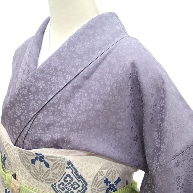 新古品】 色無地 御召 着物 未使用 正絹 お召 袷 先染め 紫 菊 桜 雪輪