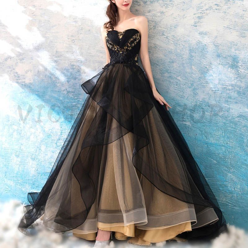 おしゃれパーティードレス ドレス イブニングドレス ロング Aライン チュールドレス チューブトップ 黒ゴールド シースルー シフォン ふんわり 演奏会 結婚式 二次会 1071