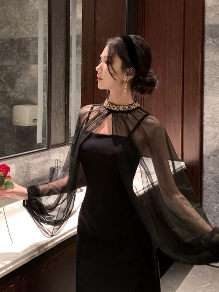 パーティドレス ロングワンピース ビジュー 長袖 シースルー グリッター パーティードレス お呼ばれ