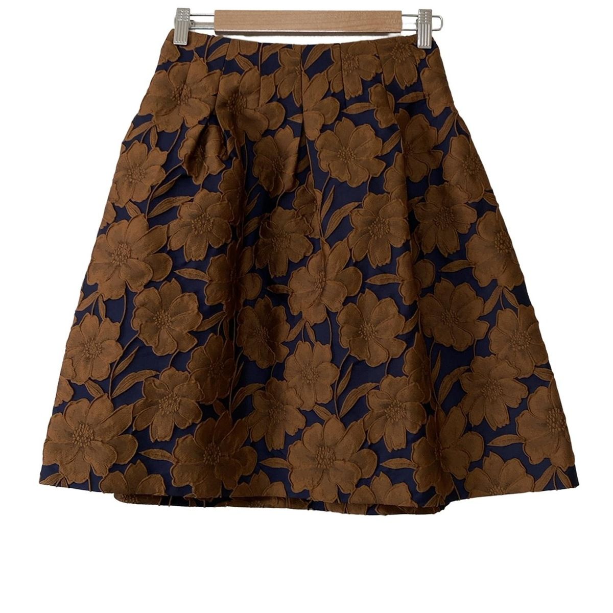 M S GRACY エムズグレイシー スカート サイズ36 レディース ネイビー ブラウン ひざ丈 刺繍 フラワー 花