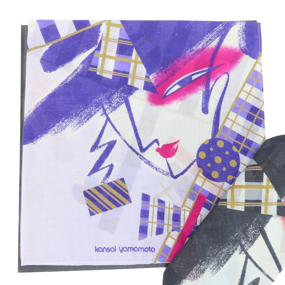 山本寛斎　Kansai Yamamoto アーカイブ　ストール　スカーフ 顔タグ 中古】 カンサイヤマモト スカーフ 2枚セット 綿 パープル系 グレー系