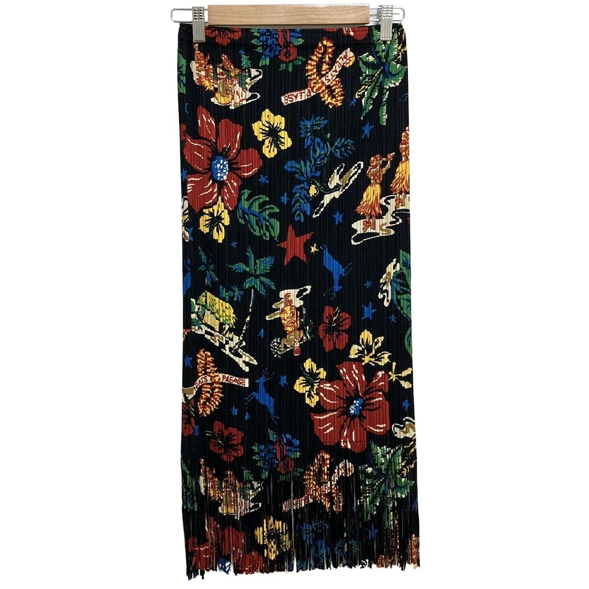 PLEATS PLEASE プリーツプリーズ ロングスカート サイズ3 L レディース 黒 ボルドー マルチ 総柄 ウエストゴム