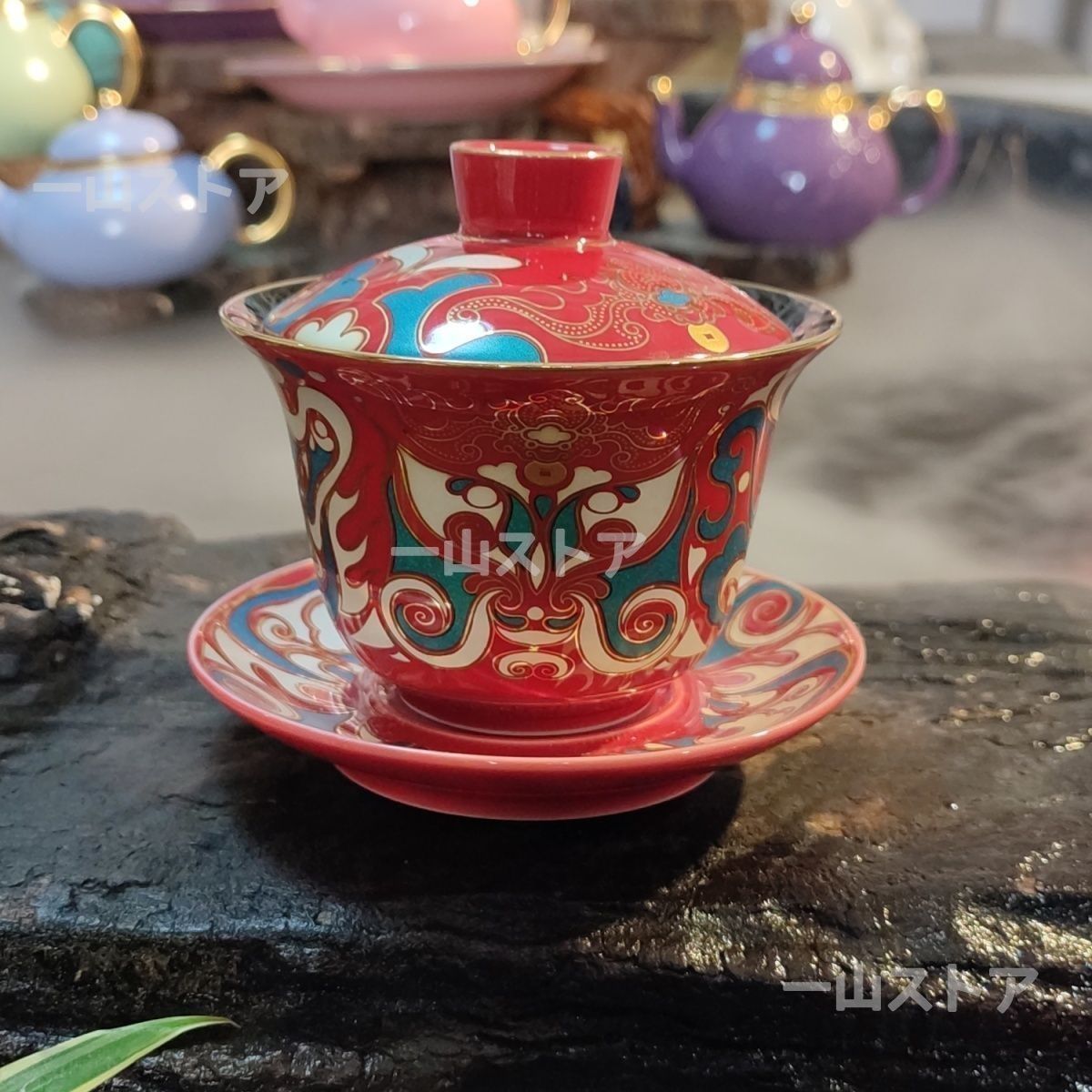 煎茶 赤金彩 蓋碗 和善作 六客 美品(LC807) 煎茶 赤金彩 蓋碗 和善作 六客 美品(LC807) 煎茶 赤金彩 蓋碗 和善