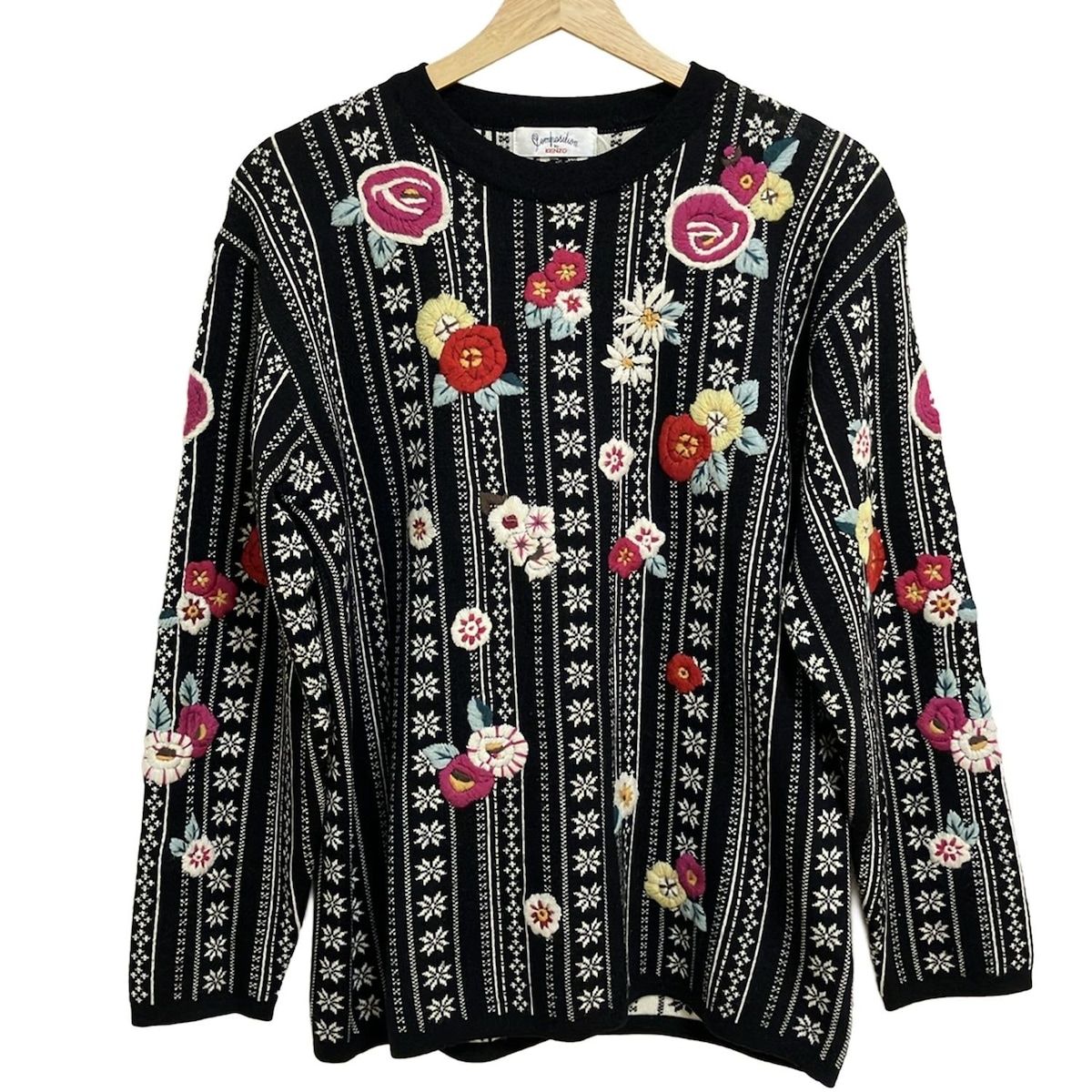 KENZO ケンゾー ニット セーター 豪華刺繍 花柄 総柄 シルク 黒 M KENZO(ケンゾー) 長袖セーター サイズ38 S メンズ - 黒×白×マルチ