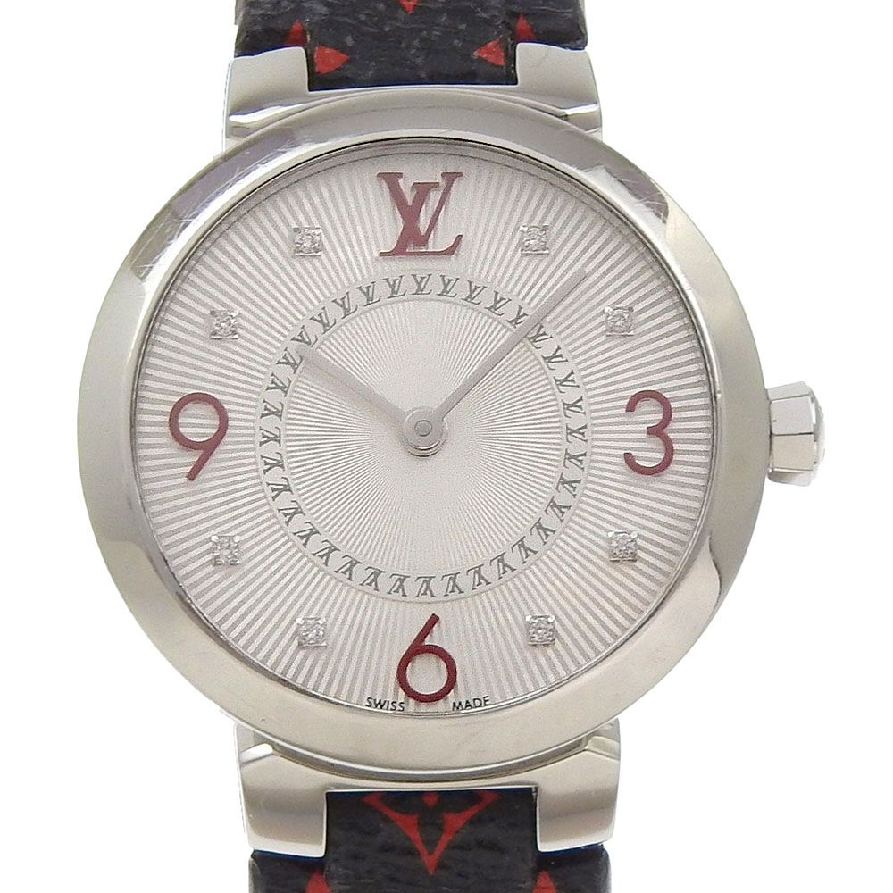 LOUIS VUITTON ルイ ヴィトン タンブールスリム 8 Pダイヤ Q 12 MGA ステンレススチール レザー クオーツ アナログ表示 レディース シルバー文字盤 腕時計