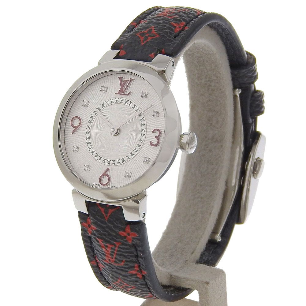 LOUIS VUITTON ルイ ヴィトン タンブールスリム 8 Pダイヤ Q 12 MGA ステンレススチール×レザー クオーツ アナログ表示 レディース シルバー文字盤 腕時計