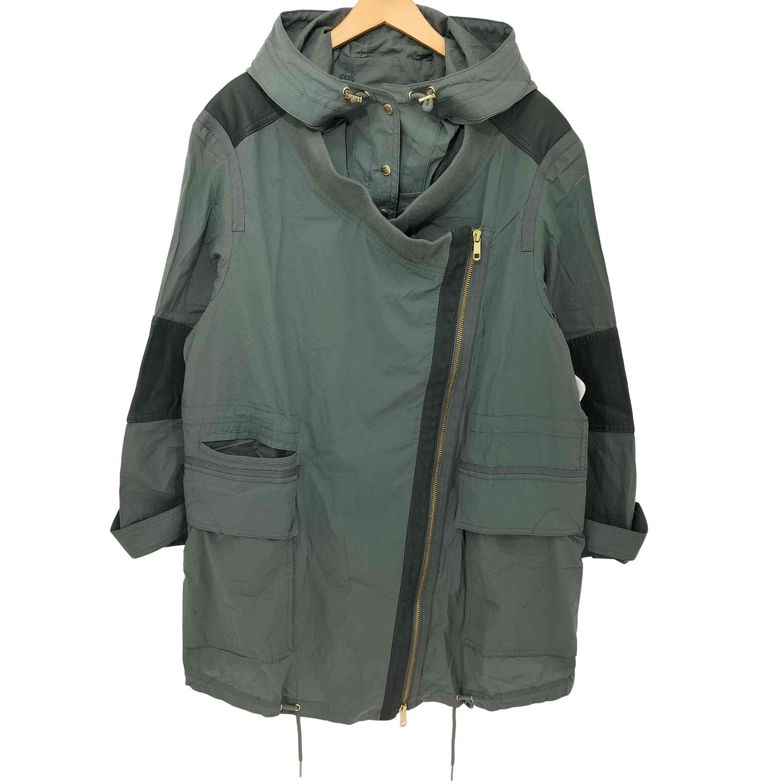 トミーヒルフィガー TOMMY HILFIGER レイヤード レザー切替 変形 フーデッドコート モッズコート レディース import S