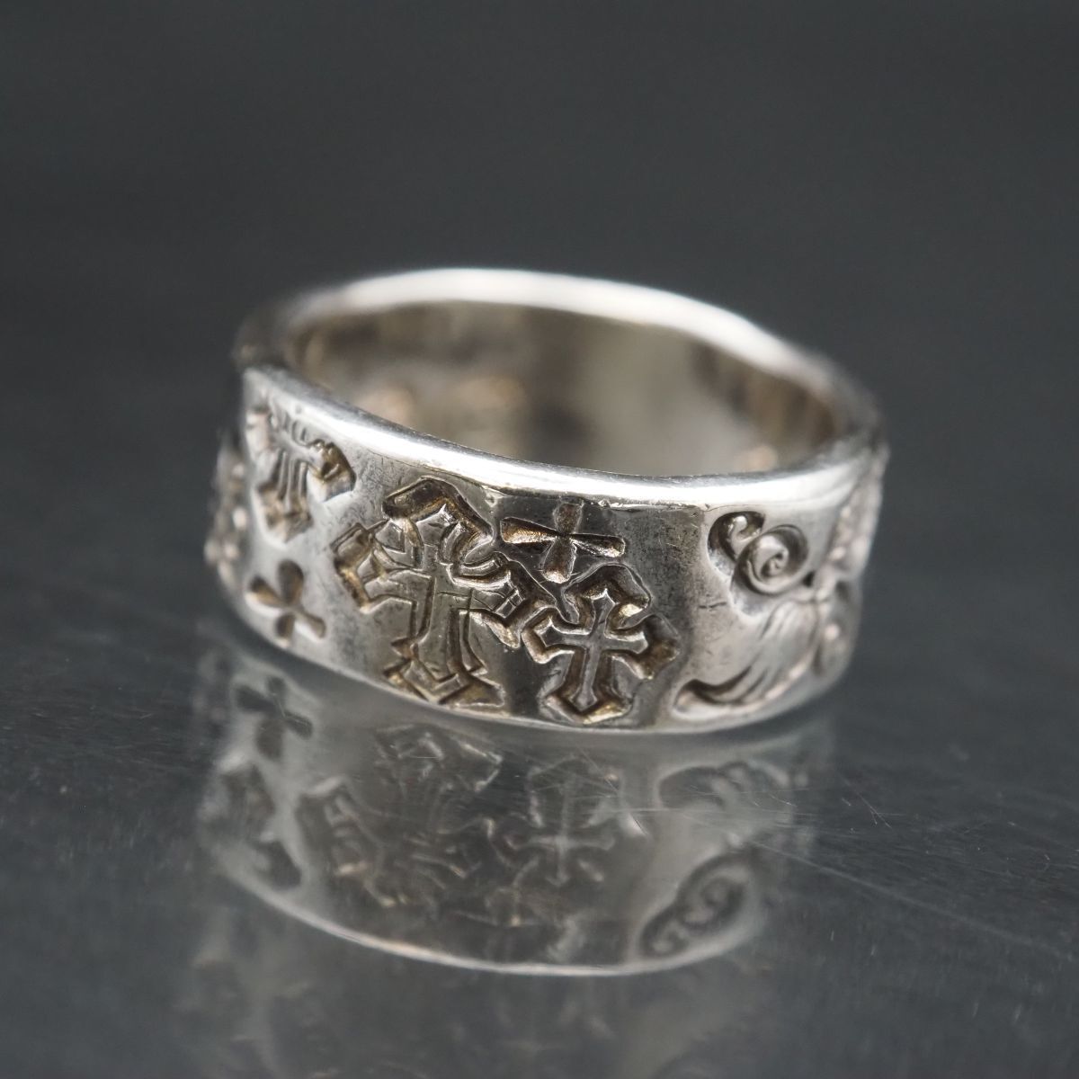 J797 ヴィンテージ SILVER刻印 リング 彫刻 クロス クローバー 羽