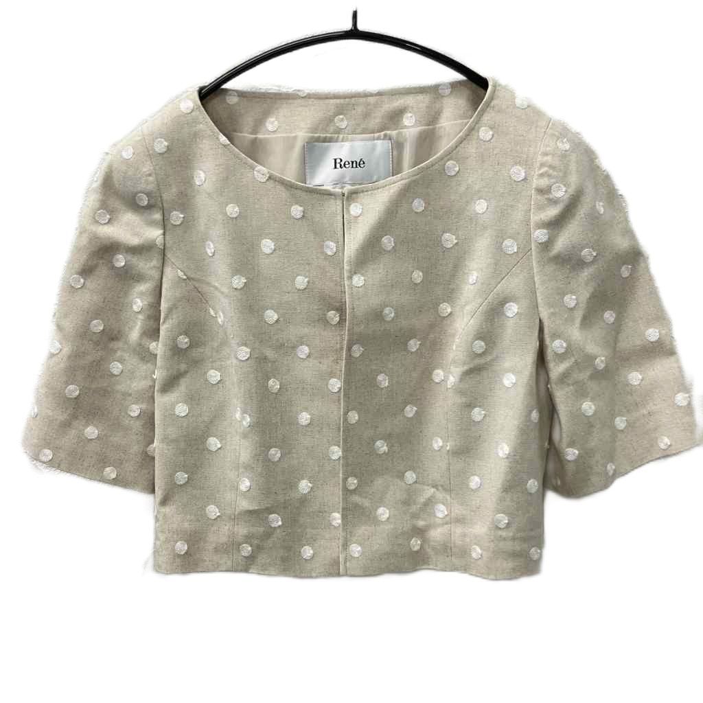 Rene / ジャケット/36/レーヨン/BEG/ドット/6023240 ルネ Rene 美品 ノーカラージャケット ドット柄 半袖 麻 リネン混 34 S