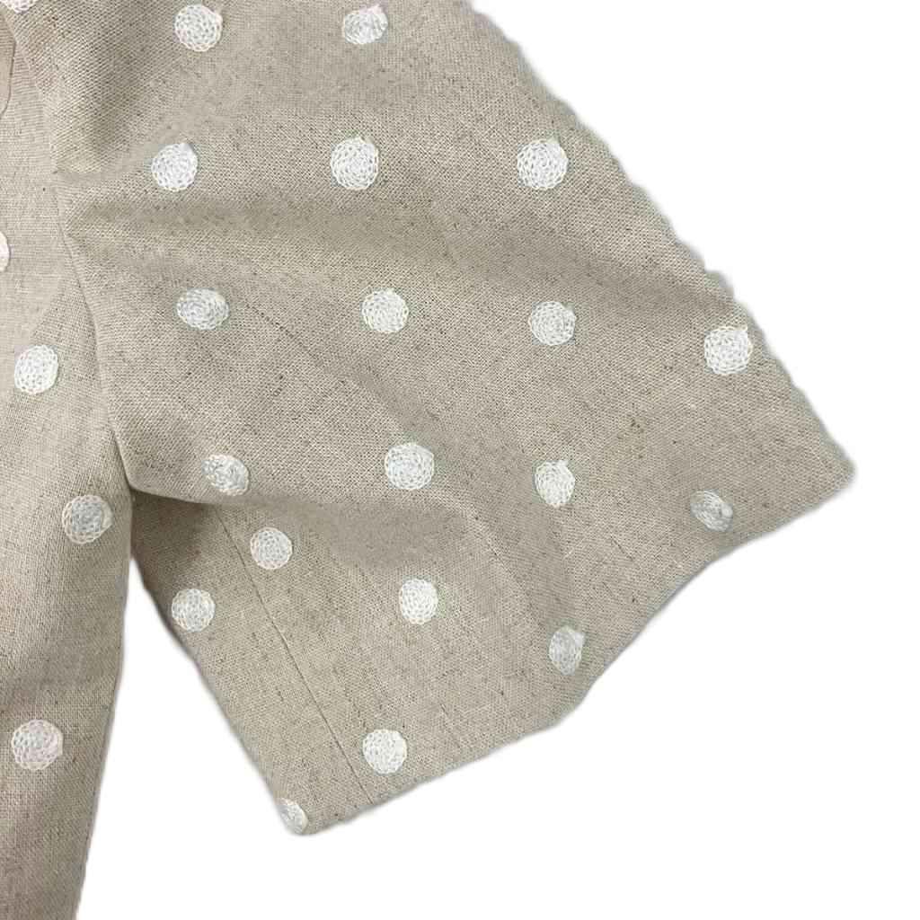 ルネ Rene 美品 ノーカラージャケット ドット柄 半袖 麻 リネン混 34 S