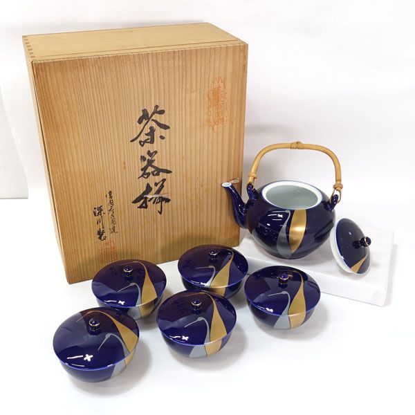 深川製磁 ◇【和食器】深川製磁/瑠璃金銀彩 夫婦鶴蓋付茶器揃（急須