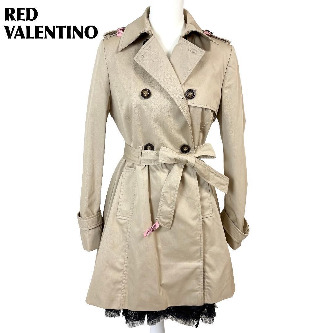 RED VALENTINO トレンチコート　ベージュ 美品 RED VALENTINO ダブルトレンチコート 裾レース 42 ベージュ