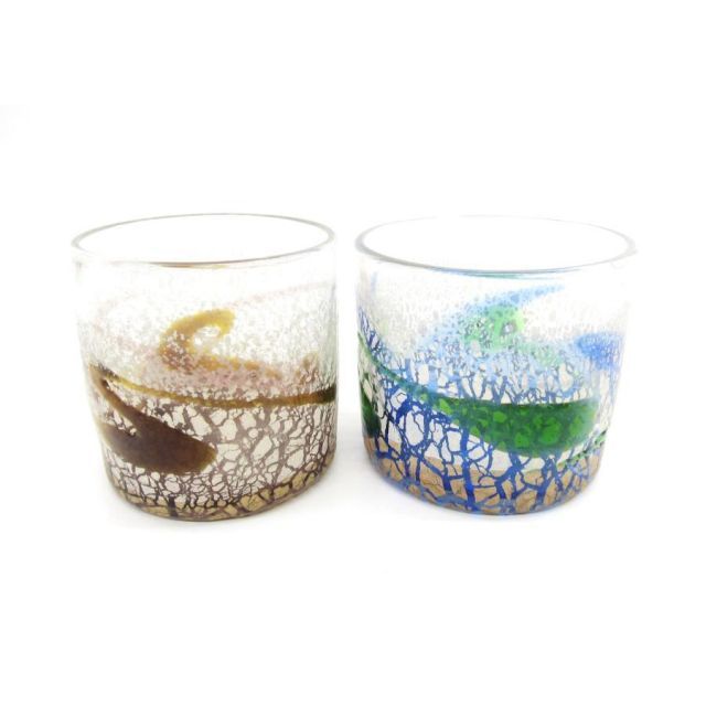 稲嶺盛吉 沖縄工芸 琉球ガラス ロックグラス ペアグラス ∠UK1862