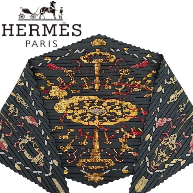 HERMES エルメス プリーツ スカーフ シルク100 カレ90 ブラック系 鍵柄
