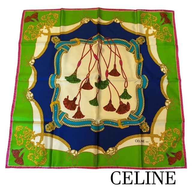 セリーヌ CELINE シルク100 タッセル柄 ベルトロープ 大判スカーフ 85 W